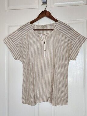 Polagram Striped Henley Blouse Boho 100% Cotton Cap Sleeve Top Medium